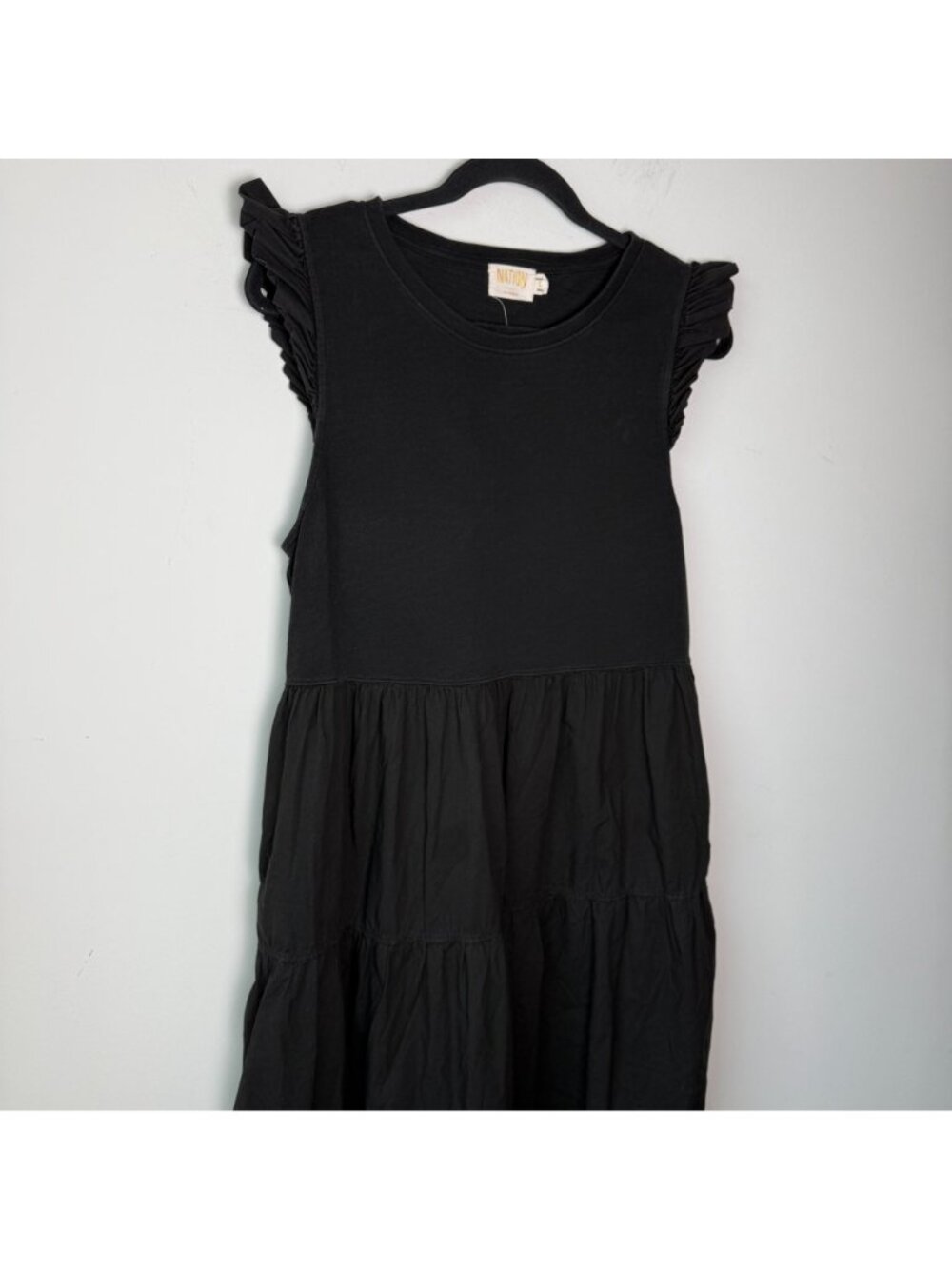 Nation LTD Sissy Tiered Ruffle Sleeve Midi Dress Jet Black Size L Minimalist - Picture 6 of 9